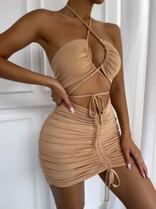 SHEIN Allurite Vestido halter con cordón delantero con cordón fruncido delantero - Camel - Ver 6