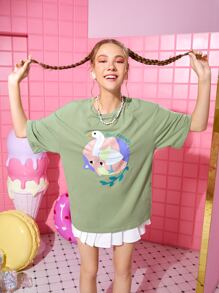 Noko Drop Shoulder Letter & Cat Print Tee - Mint Green - View 1