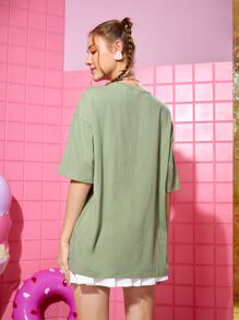 Noko Drop Shoulder Letter & Cat Print Tee - Mint Green - View 2