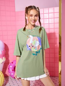 Noko Drop Shoulder Letter & Cat Print Tee - Mint Green - View 4