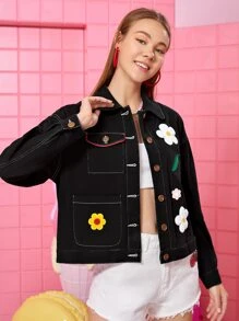 David Méndez Alonso Floral Patched Flap Pocket Topstitching Drop Shoulder Jacket - Black - View 1