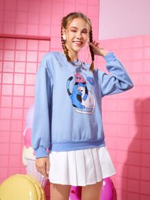 Noko Pullover de hombros caídos con patrón de dibujos animados - Celeste - Ver 1