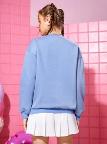 Noko Pullover de hombros caídos con patrón de dibujos animados - Celeste - Ver 2