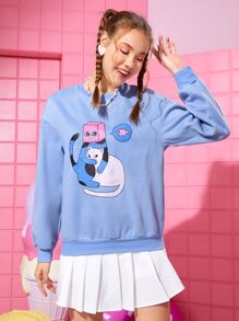 Noko Pullover de hombros caídos con patrón de dibujos animados - Celeste - Ver 3