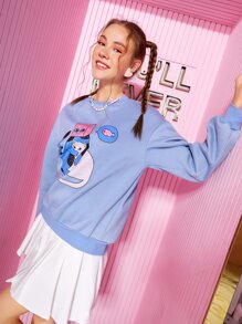 Noko Pullover de hombros caídos con patrón de dibujos animados - Celeste - Ver 4