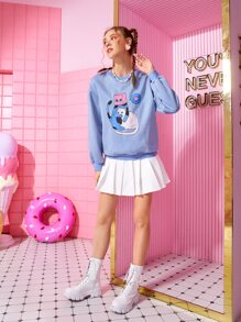 Noko Pullover de hombros caídos con patrón de dibujos animados - Celeste - Ver 5