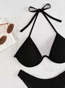 SHEIN Swim Sommer Strand Texturierte Halfter Push-Up High-Cut Bikini ohne Muster
