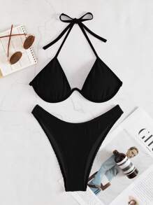 SHEIN Swim Sommer Strand Texturierte Halfter Push-Up High-Cut Bikini ohne Muster