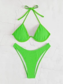 Bikini con Top halter lisa y texturizada con push up y tiro alto, perfecto para el verano - Verde Lima - Ver 3