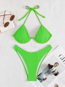 Bikini con Top halter lisa y texturizada con push up y tiro alto, perfecto para el verano - Verde Lima - Ver 5