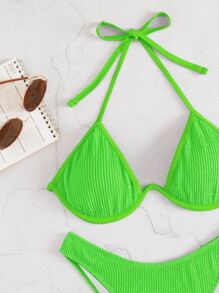 Bikini con Top halter lisa y texturizada con push up y tiro alto, perfecto para el verano - Verde Lima - Ver 6