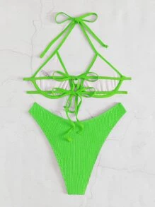 Bikini con Top halter lisa y texturizada con push up y tiro alto, perfecto para el verano - Verde Lima - Ver 2