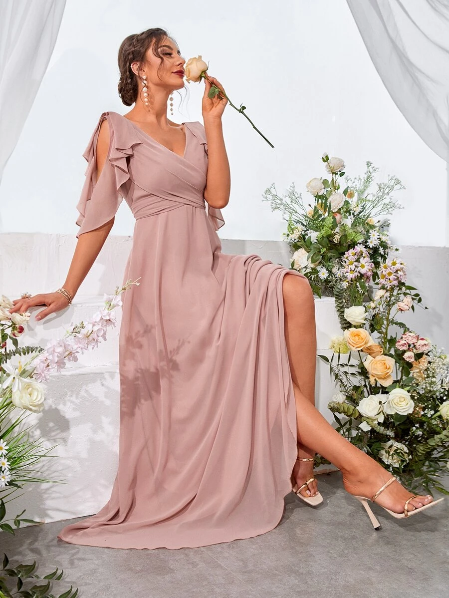 UNITHORSE 荷葉邊挖肩後綁帶雪紡超長伴娘連衣裙 - 藕粉色 - 查看 1