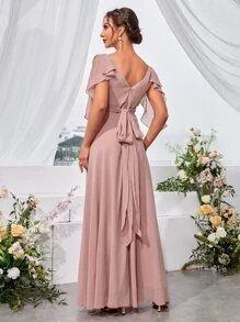 UNITHORSE 荷葉邊挖肩後綁帶雪紡超長伴娘連衣裙 - 藕粉色 - 查看 2