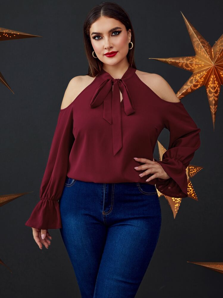 Modelyn Burgundy Red Plus Tie Neck Flounce Sleeve Blouse - Burgundy - View 1
