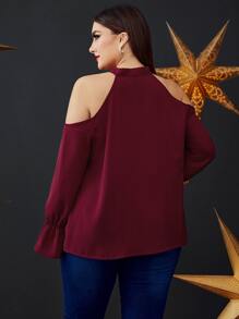 Modelyn Burgundy Red Plus Tie Neck Flounce Sleeve Blouse - Burgundy - View 2