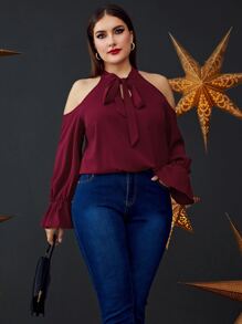 Modelyn Burgundy Red Plus Tie Neck Flounce Sleeve Blouse - Burgundy - View 3