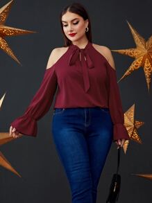 Modelyn Burgundy Red Plus Tie Neck Flounce Sleeve Blouse - Burgundy - View 4