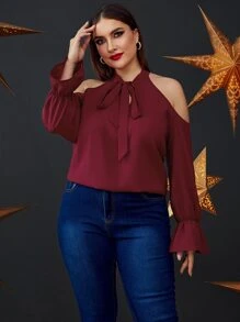 Modelyn Burgundy Red Plus Tie Neck Flounce Sleeve Blouse - Burgundy - View 5