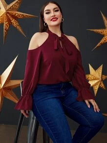 Modelyn Burgundy Red Plus Tie Neck Flounce Sleeve Blouse - Burgundy - View 6