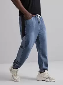 EASEVO Quần Jeans Nam Dây kéo Túi Khối Màu Lá thư - Rửa trung bình - Xem 1