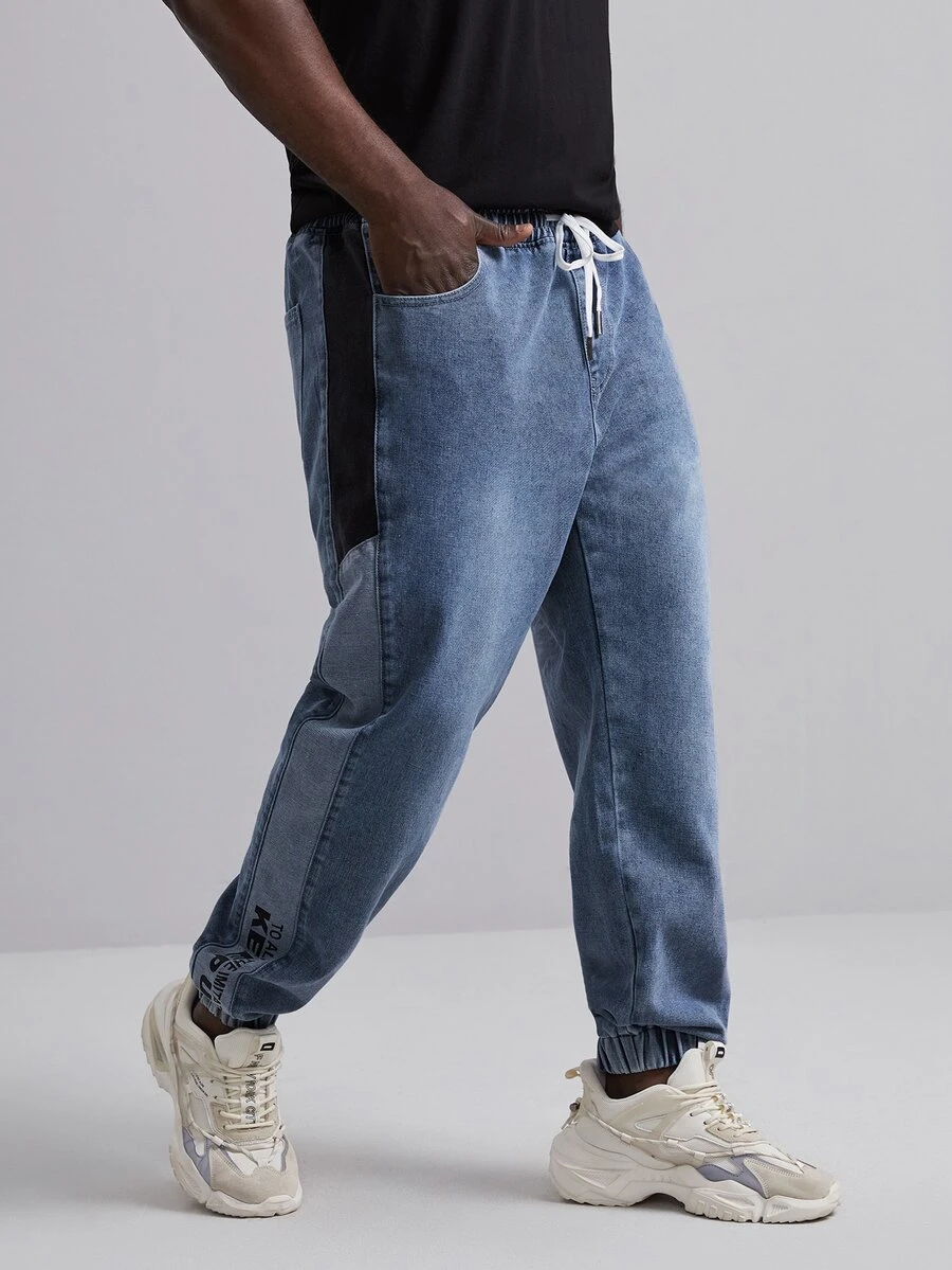 EASEVO Quần Jeans Nam Dây kéo Túi Khối Màu Lá thư - Rửa trung bình - Xem 1