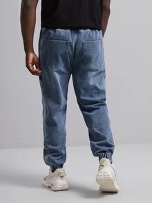 EASEVO Quần Jeans Nam Dây kéo Túi Khối Màu Lá thư - Rửa trung bình - Xem 2