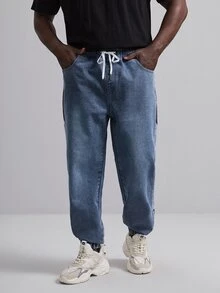 EASEVO Quần Jeans Nam Dây kéo Túi Khối Màu Lá thư - Rửa trung bình - Xem 3