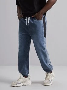 EASEVO Quần Jeans Nam Dây kéo Túi Khối Màu Lá thư - Rửa trung bình - Xem 4