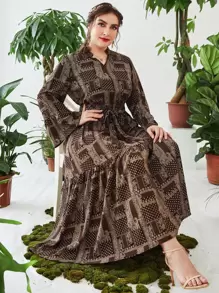 Lacomfia Đầm Plus Size Thắt lưng Viên lá sen Paisley Chấm bi Thanh lịch - Cà phê nâu - Xem 1