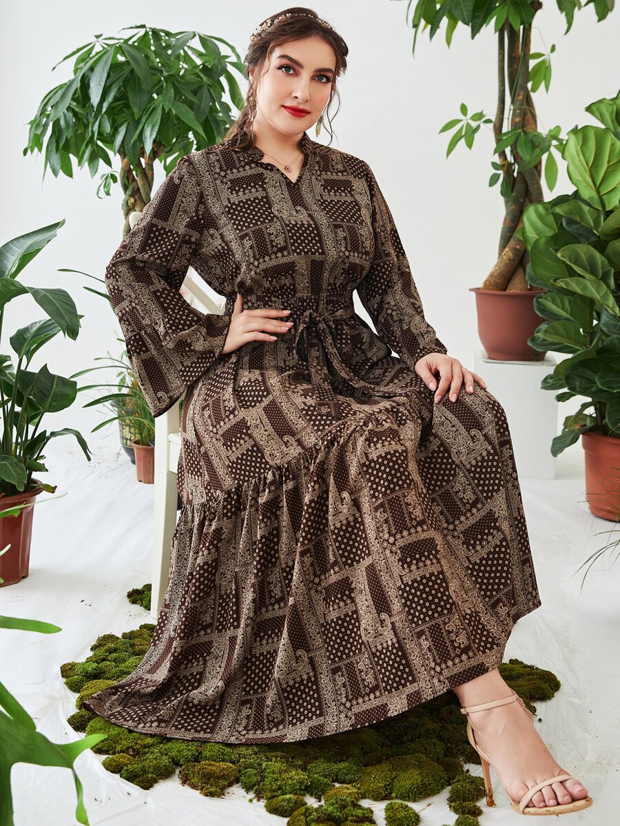 Lacomfia Đầm Plus Size Thắt lưng Viên lá sen Paisley Chấm bi Thanh lịch - Cà phê nâu - Xem 1