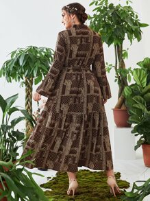 Lacomfia Đầm Plus Size Thắt lưng Viên lá sen Paisley Chấm bi Thanh lịch - Cà phê nâu - Xem 2