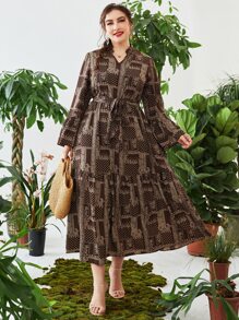 Lacomfia Đầm Plus Size Thắt lưng Viên lá sen Paisley Chấm bi Thanh lịch - Cà phê nâu - Xem 3