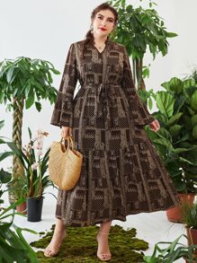 Lacomfia Đầm Plus Size Thắt lưng Viên lá sen Paisley Chấm bi Thanh lịch - Cà phê nâu - Xem 4