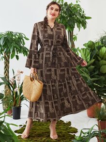 Lacomfia Đầm Plus Size Thắt lưng Viên lá sen Paisley Chấm bi Thanh lịch - Cà phê nâu - Xem 5