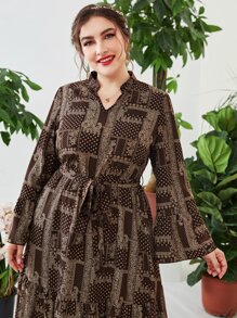 Lacomfia Đầm Plus Size Thắt lưng Viên lá sen Paisley Chấm bi Thanh lịch - Cà phê nâu - Xem 6