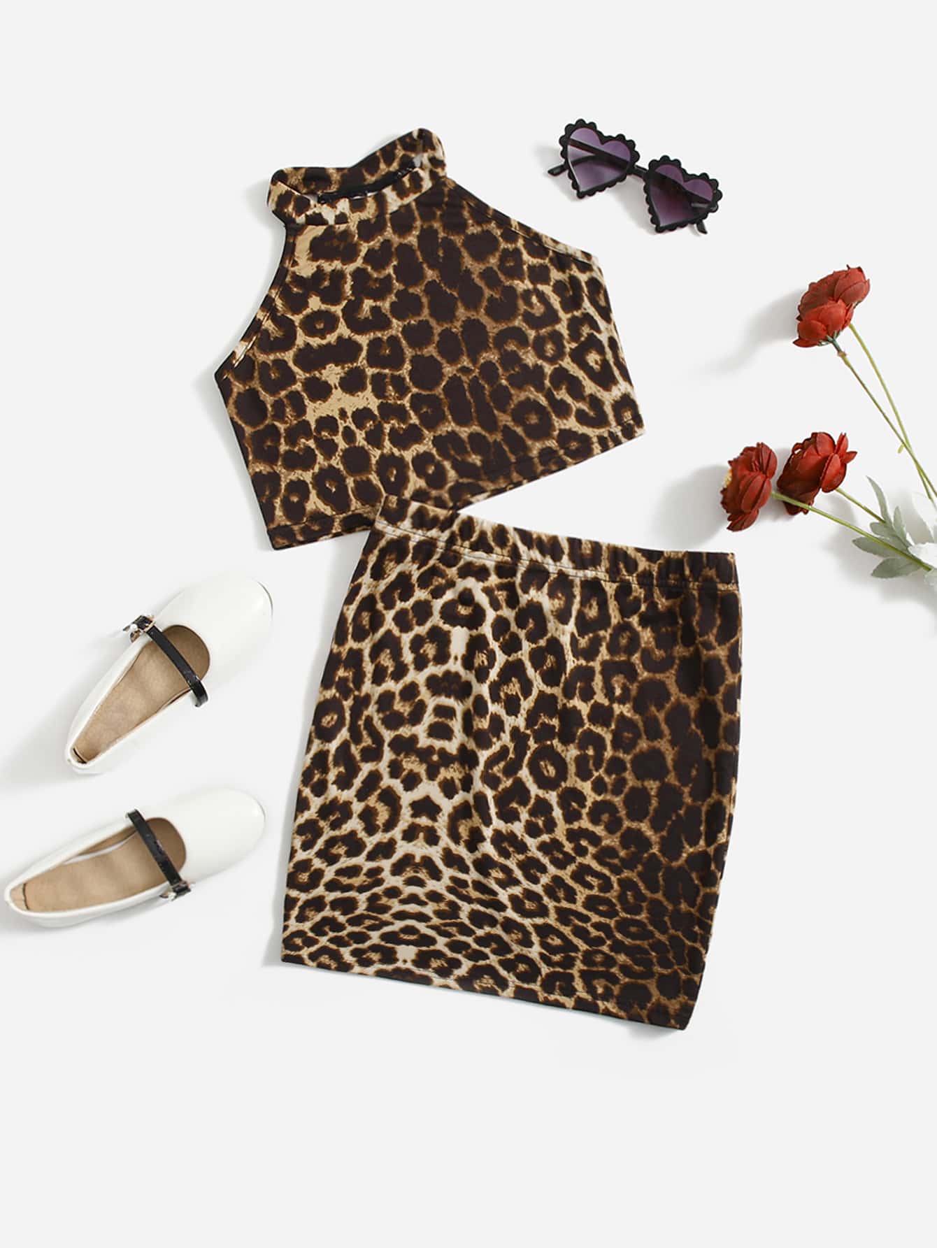 SHEIN Girls Leopard Halter Top & Skirt - Multicolor - View 1