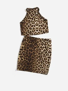 SHEIN Girls Leopard Halter Top & Skirt - Multicolor - View 2