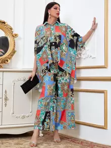 Mulvari 幾何和巴洛克風格圖案蝙蝠袖不對稱下擺上衣和闊腿褲 - 彩色 - 查看 1