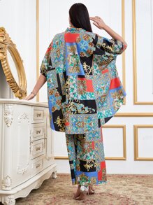 Mulvari 幾何和巴洛克風格圖案蝙蝠袖不對稱下擺上衣和闊腿褲 - 彩色 - 查看 2