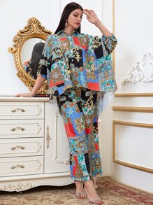 Mulvari 幾何和巴洛克風格圖案蝙蝠袖不對稱下擺上衣和闊腿褲 - 彩色 - 查看 3