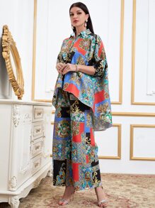 Mulvari 幾何和巴洛克風格圖案蝙蝠袖不對稱下擺上衣和闊腿褲 - 彩色 - 查看 4