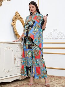 Mulvari 幾何和巴洛克風格圖案蝙蝠袖不對稱下擺上衣和闊腿褲 - 彩色 - 查看 5