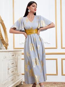 Modelyn فستان بحزام ذهبي طباعة الأزهار اكمام فراشة