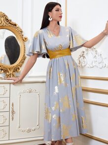 Modelyn فستان بحزام ذهبي طباعة الأزهار اكمام فراشة