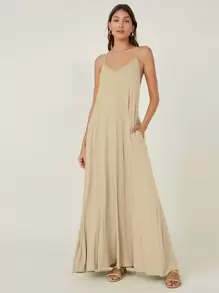 SHEIN BASICS Vestido de tirantes con bolsillo lateral unicolor - Albaricoque - Ver 1