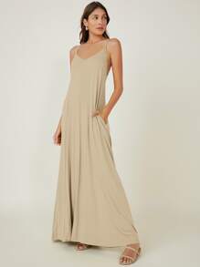 SHEIN BASICS Vestido de tirantes con bolsillo lateral unicolor - Albaricoque - Ver 4