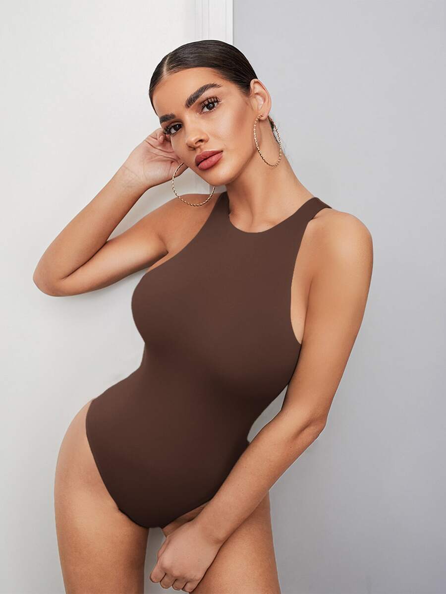 SHEIN BAE Solid Tank Bodysuit - Coffee Brown - View 1