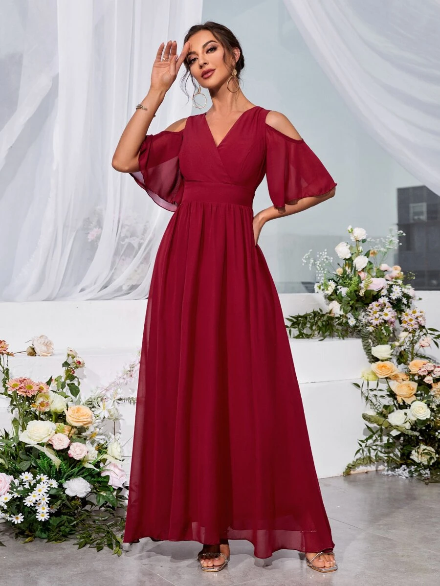 Cold Shoulder Flutter Sleeve Chiffon Dress - Burgundy - View 1
