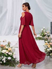 Cold Shoulder Flutter Sleeve Chiffon Dress - Burgundy - View 2